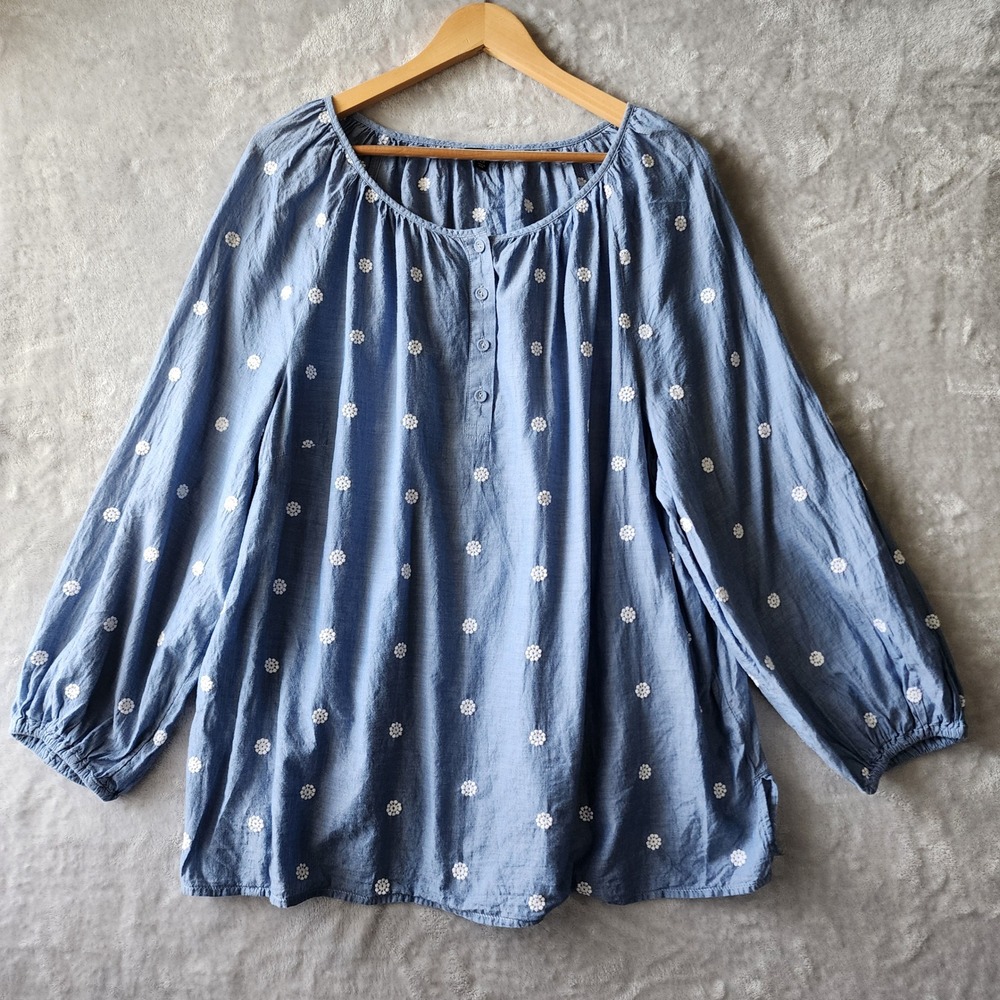 Talbots Top Womens Size 2X Blue Cotton Embroidered Flowers Peasant Blouse Shirt